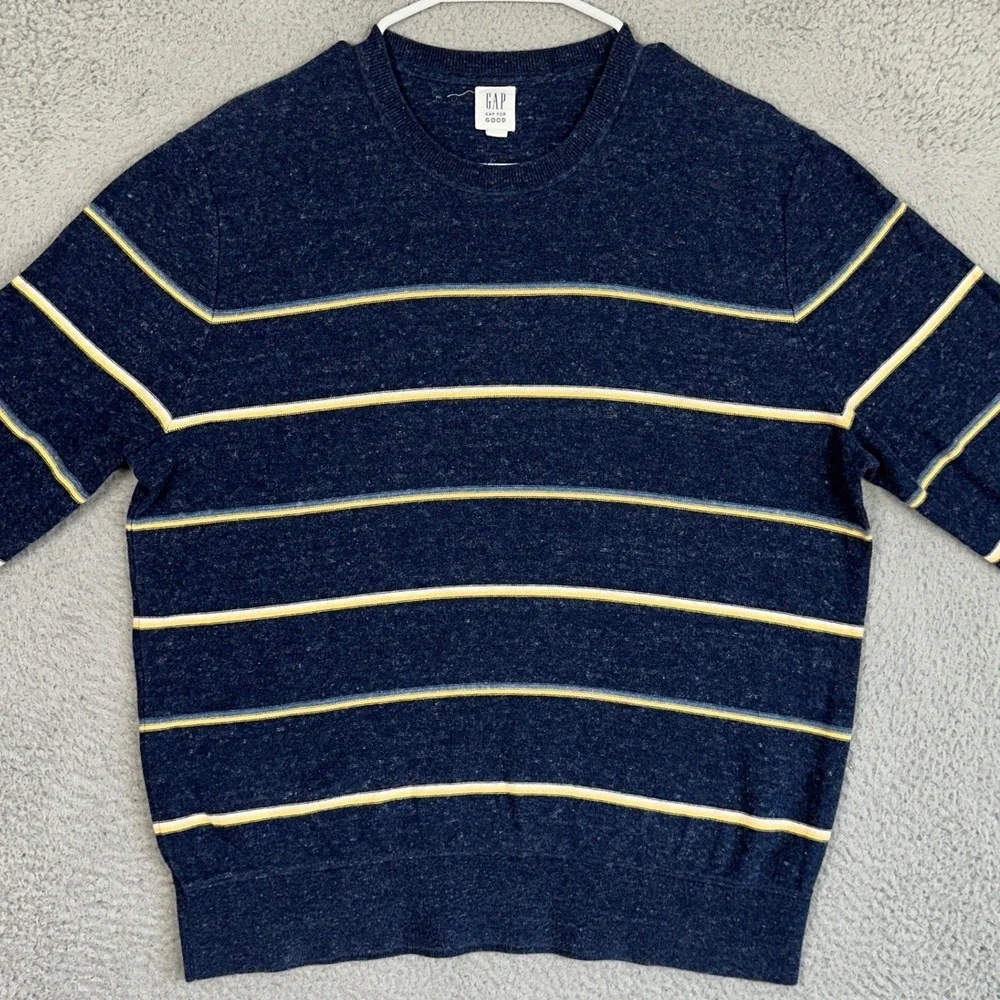 Gap Sweater Mens Large Blue Yellow Striped Crew Neck Pullover Long Sleeve Casual
